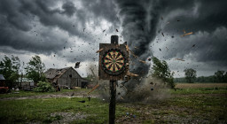 Tornado hinter Dartboard - Tornado, Wirbelsturm, Debakel, Fiasko, Desaster, Niederlage