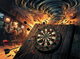 Tornado hinter Dartboard - Tornado, Wirbelsturm, Debakel, Fiasko, Desaster, Niederlage